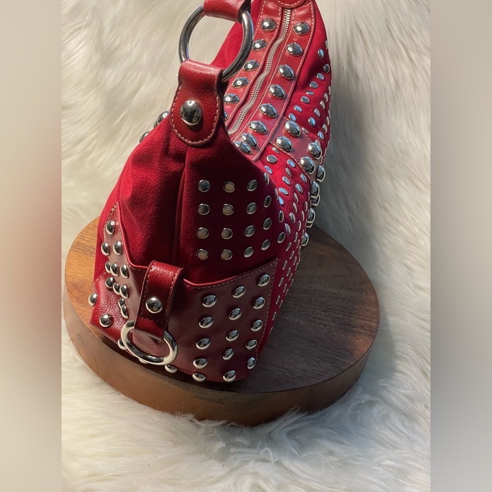 KATHY VAN ZEELAND Red Faux Suede w/Silver Tone Stud Detail Shoulder Bag - Picture 3 of 10